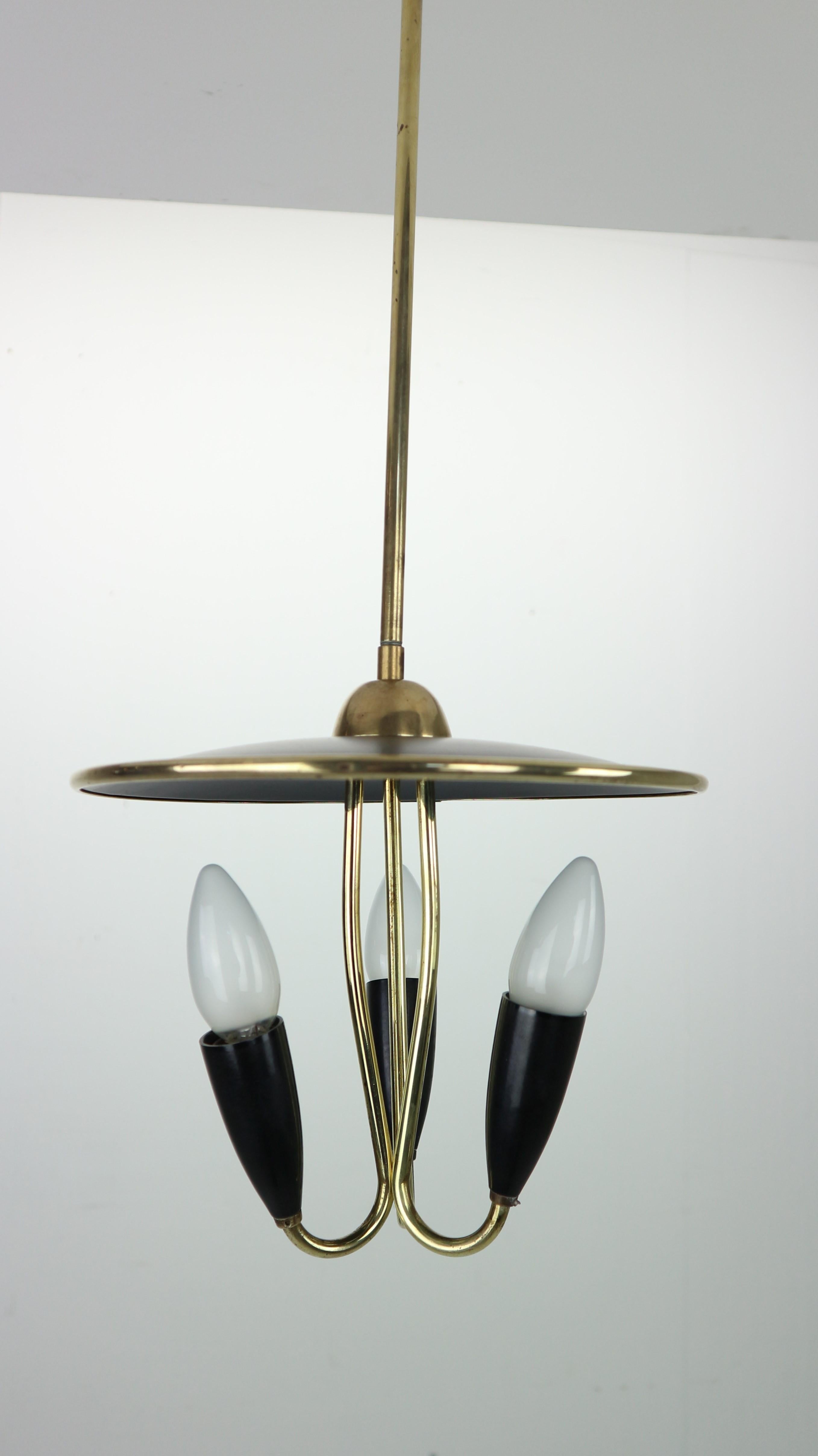 French Mid-Century Modern Brass and Black Metal Chandelier Lamp, 1950s 2