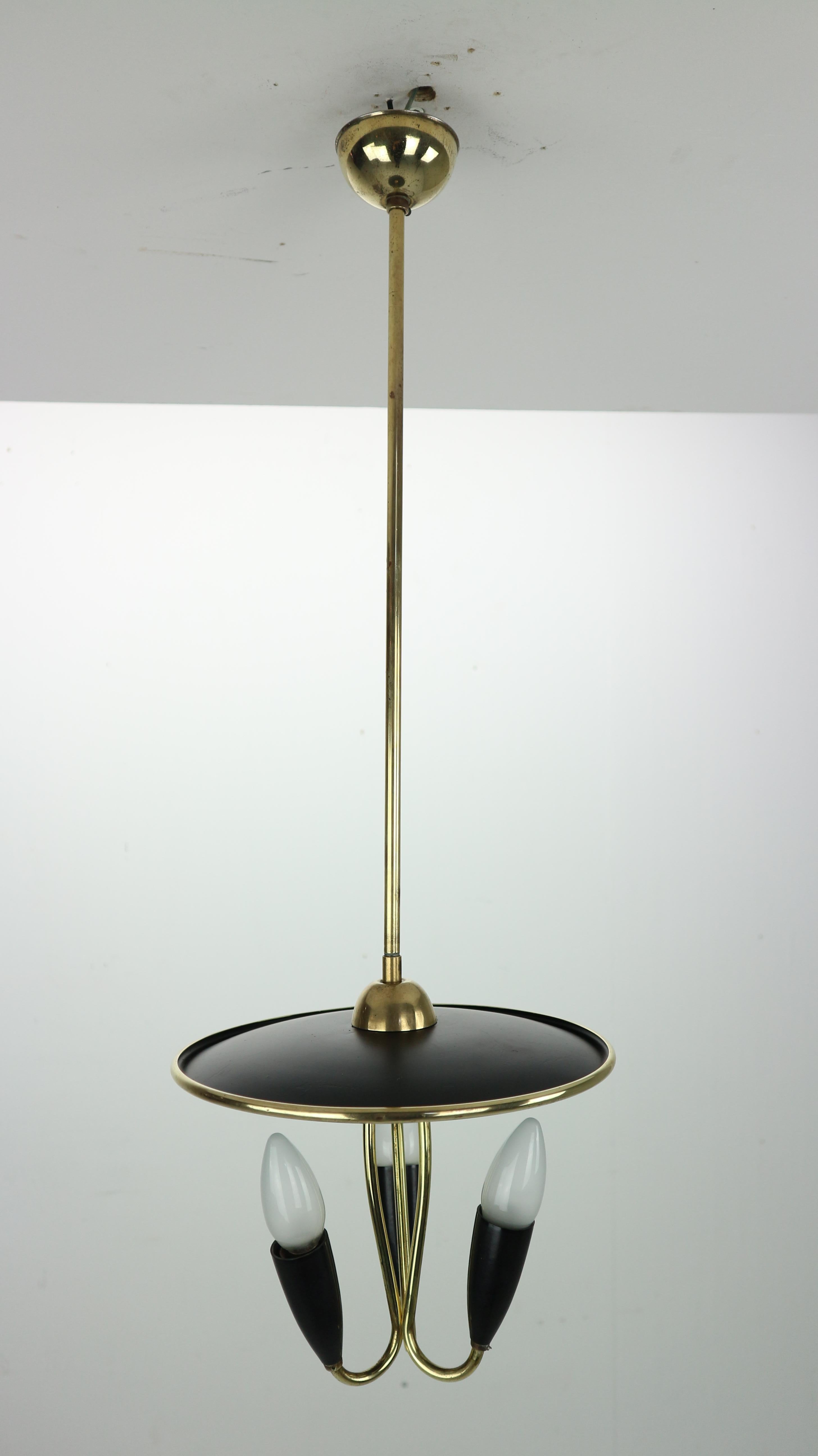 French Mid-Century Modern Brass and Black Metal Chandelier Lamp, 1950s 3
