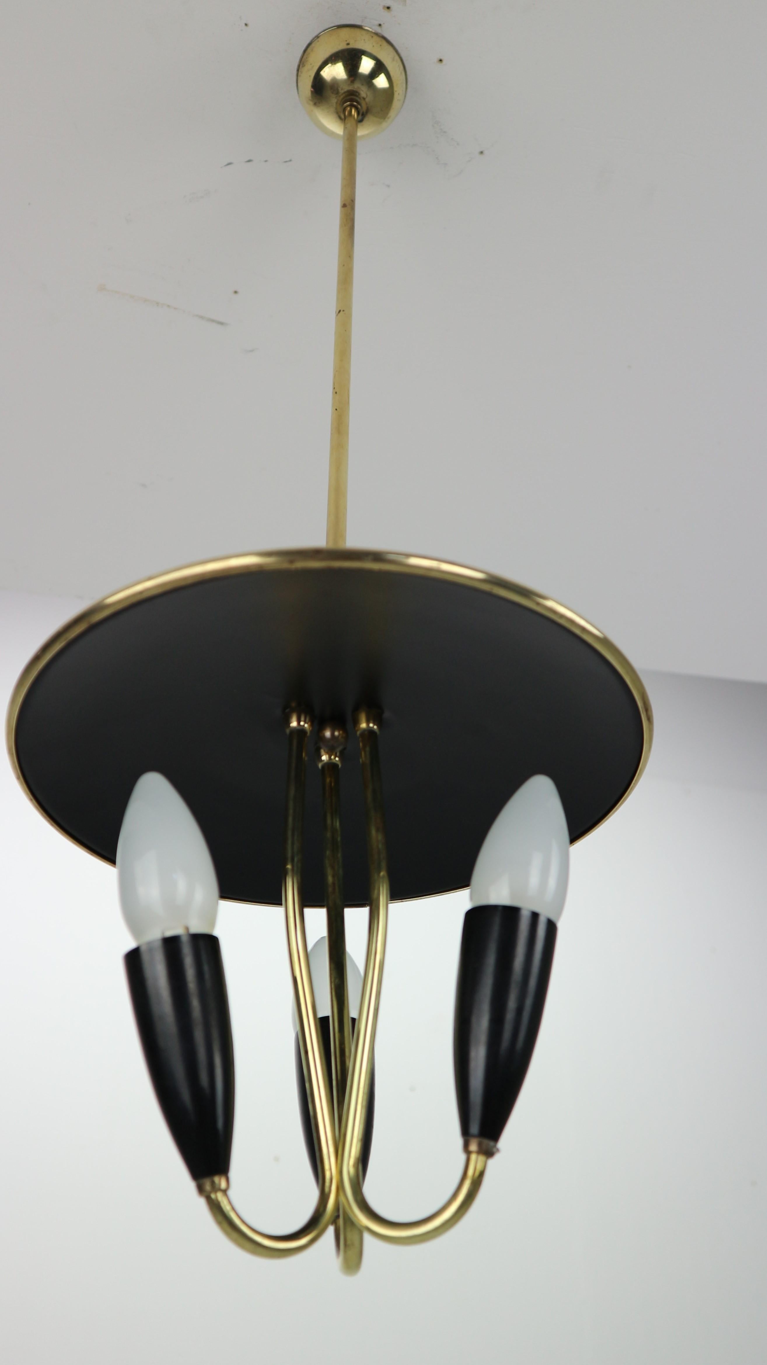French Mid-Century Modern Brass and Black Metal Chandelier Lamp, 1950s 4