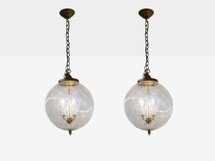 French Mid Century Modern, Brass, Blown Glass, Globe Pendant Lights, 1950s