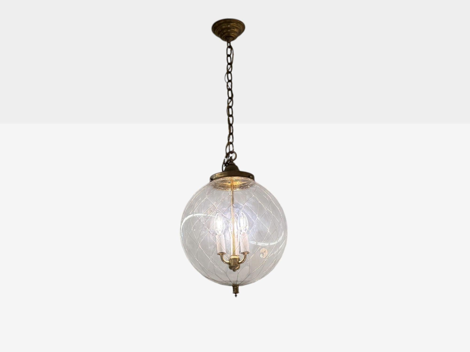 French Mid Century Modern, Brass, Blown Glass, Globe Pendant Lights, 1950s Francés en venta