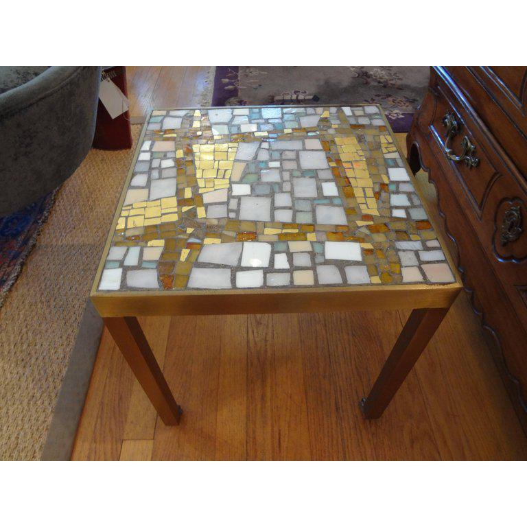 French Mid-Century Modern Brass Table with a Glass Mosaic Tile Top In Good Condition In Houston, TX