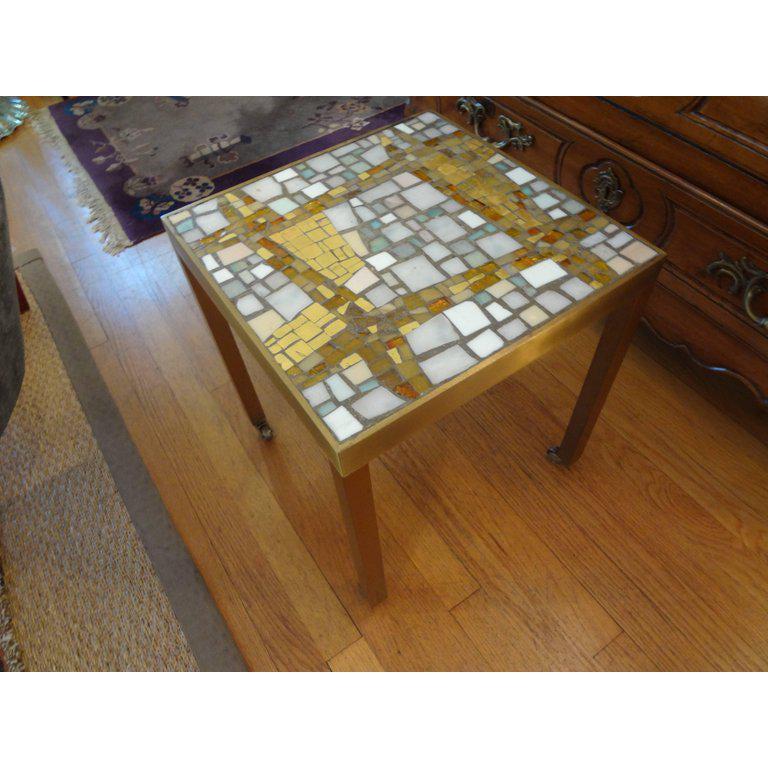 Mid-20th Century French Mid-Century Modern Brass Table with a Glass Mosaic Tile Top