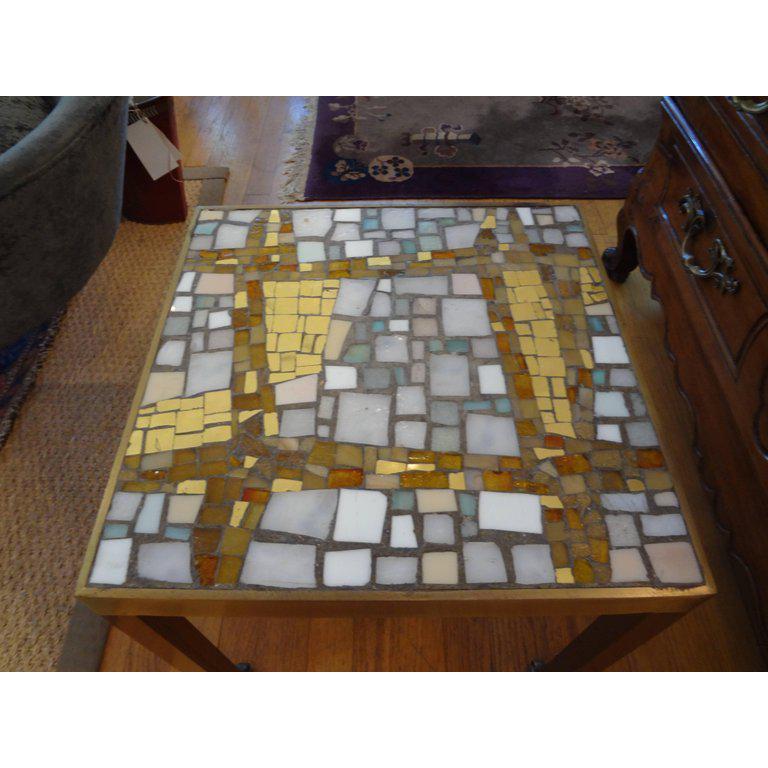 French Mid-Century Modern Brass Table with a Glass Mosaic Tile Top 2