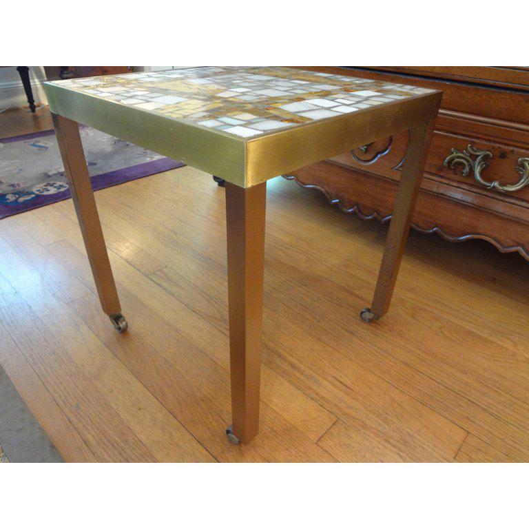 French Mid-Century Modern Brass Table with a Glass Mosaic Tile Top 3