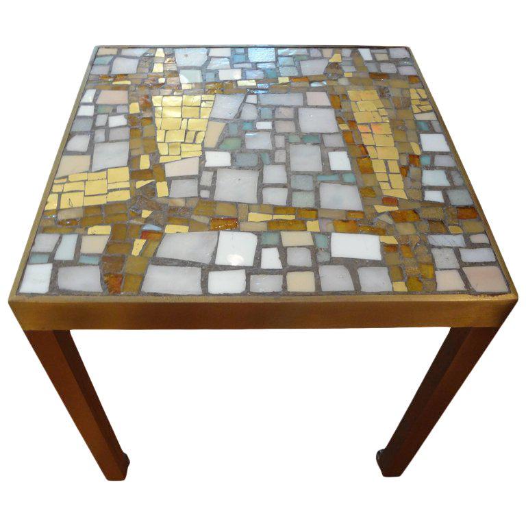 French Mid-Century Modern Brass Table with a Glass Mosaic Tile Top 4
