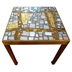 French Mid-Century Modern Brass Table with a Glass Mosaic Tile Top
