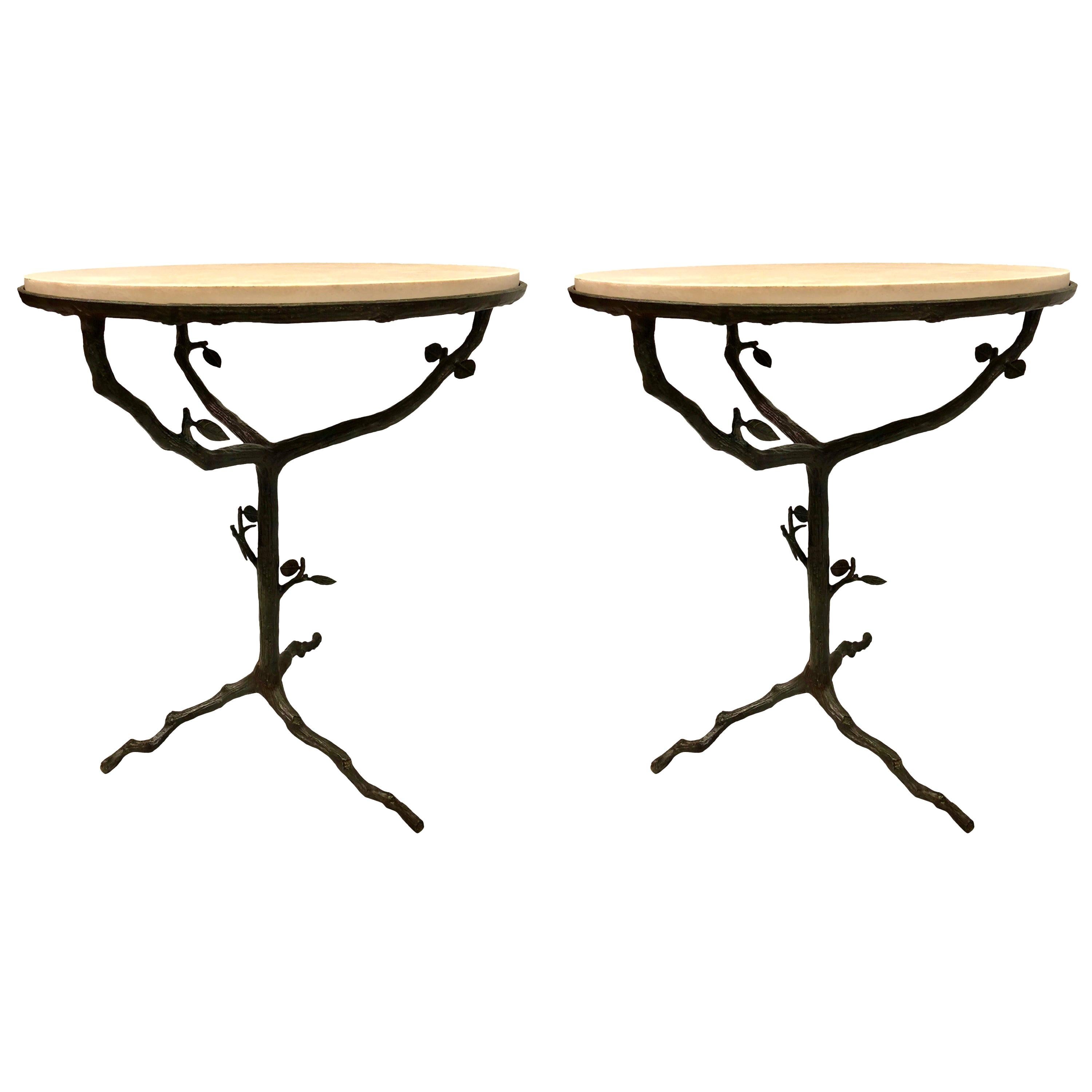 Pair French Mid-Century Modern Bronze & Limestone End / Side Tables, Giacometti