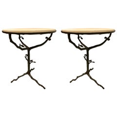 Pair French Mid Modern Bronze & Limestone End/Side Tables, style of Giacometti