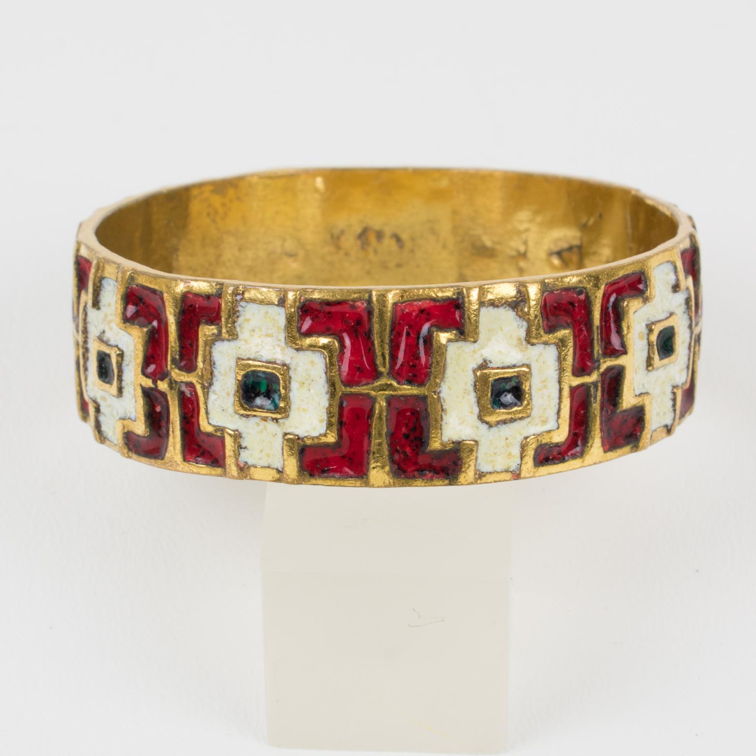French Mid Century Modern Bronze Bracelet Bangle with Red and White Enamel In Excellent Condition For Sale In Atlanta, GA
