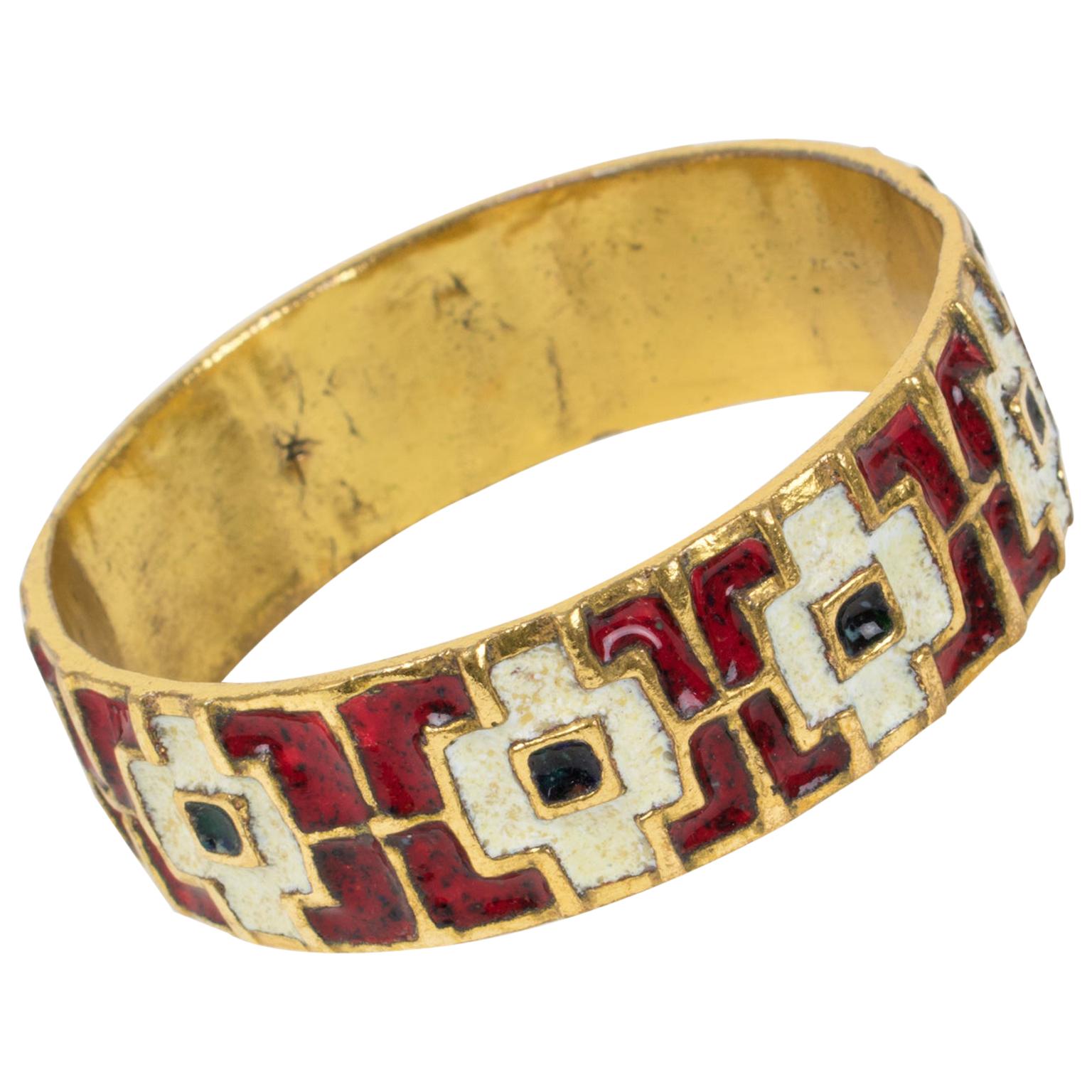 French Mid Century Modern Bronze Bracelet Bangle with Red and White Enamel For Sale