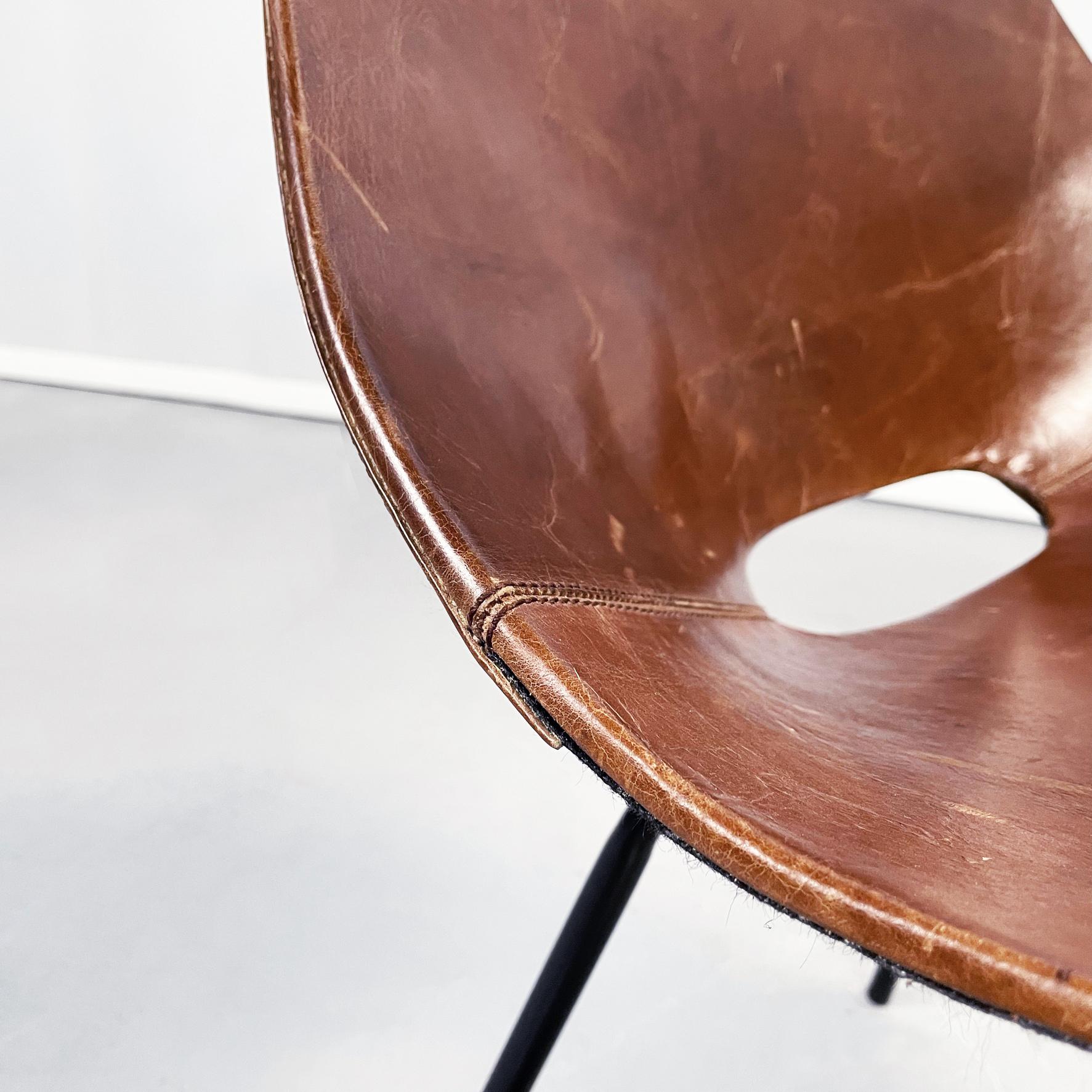French Mid-Century Modern Brown Leather Metal Chair Tonneau by Guariche, 1950s 7
