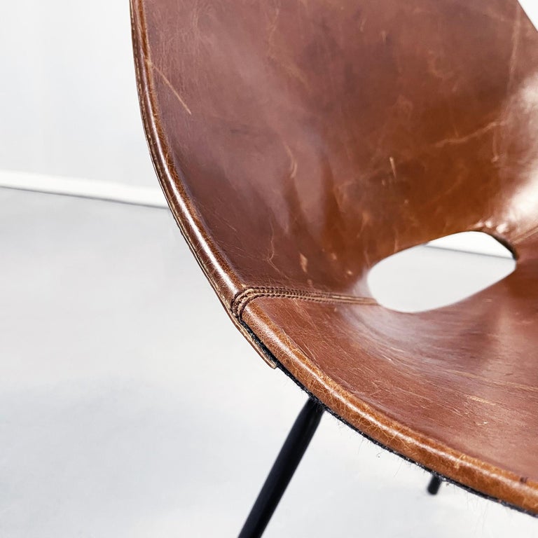 French MidCentury Modern Brown Leather Metal Chair Tonneau by Guariche, 1950s For Sale at 1stDibs