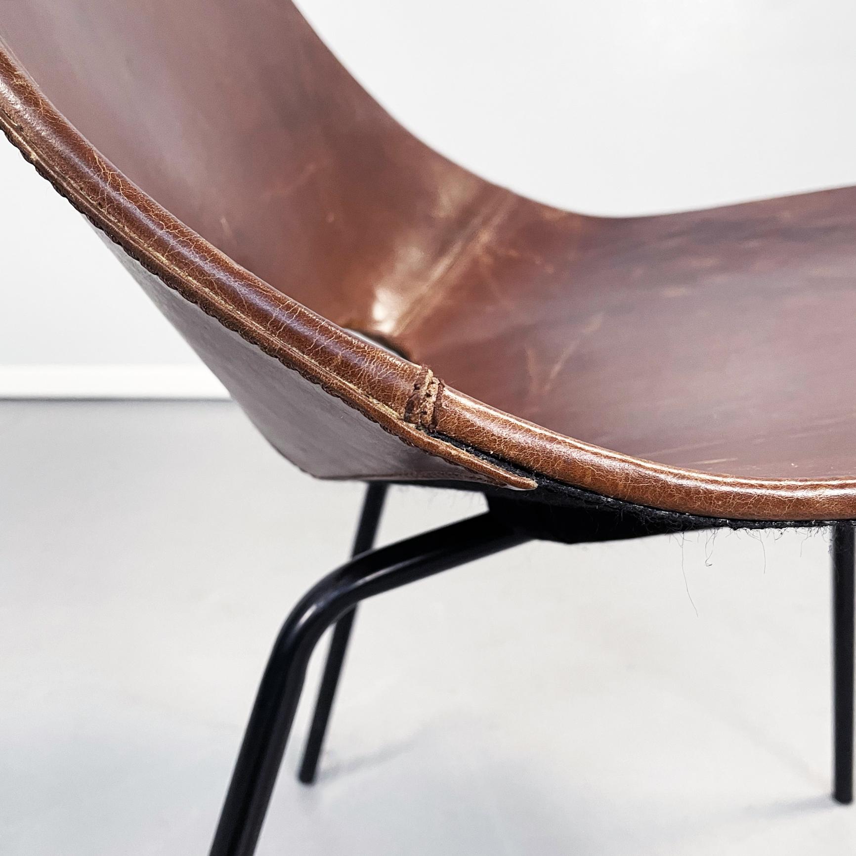 French Mid-Century Modern Brown Leather Metal Chair Tonneau by Guariche, 1950s 8