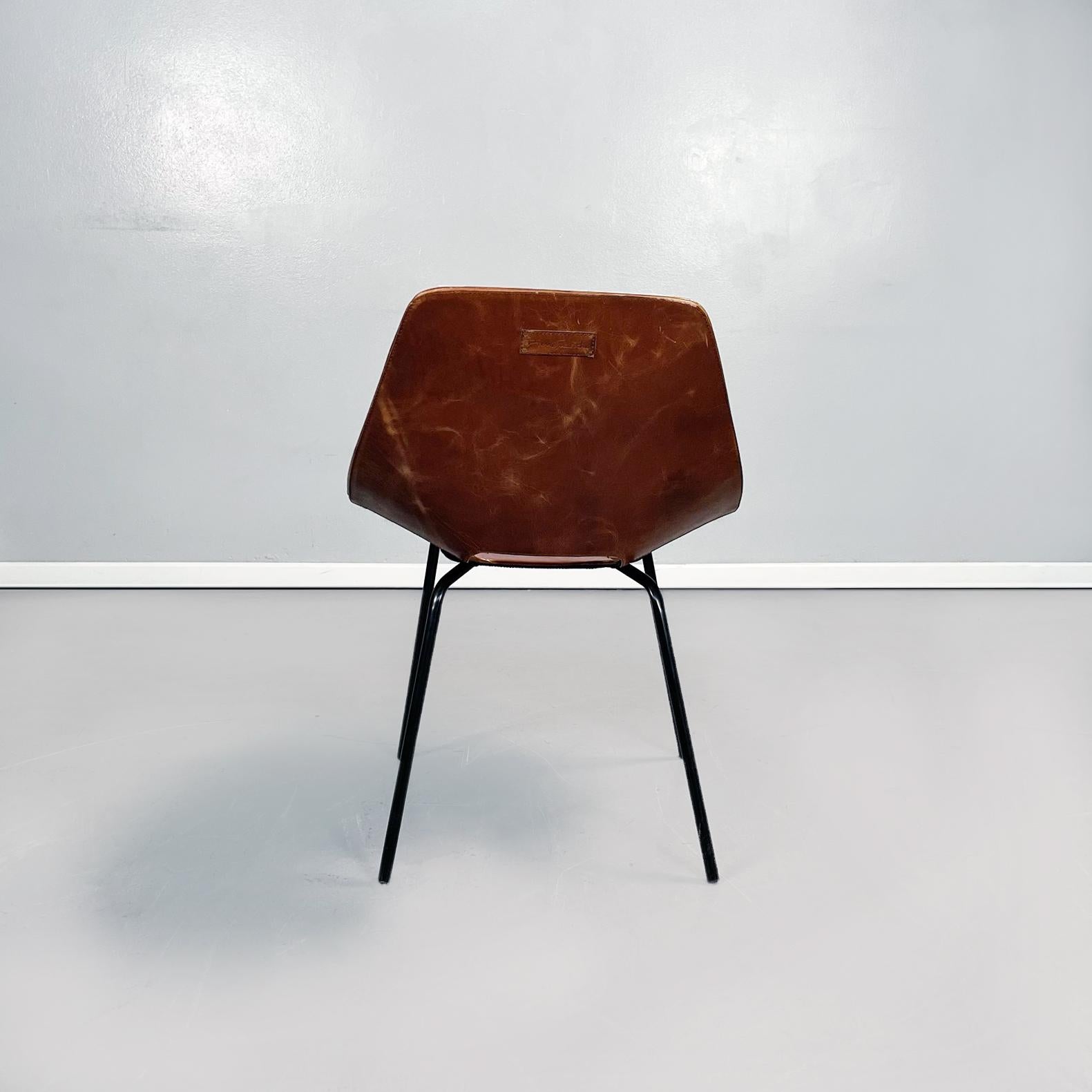 Mid-20th Century French Mid-Century Modern Brown Leather Metal Chair Tonneau by Guariche, 1950s