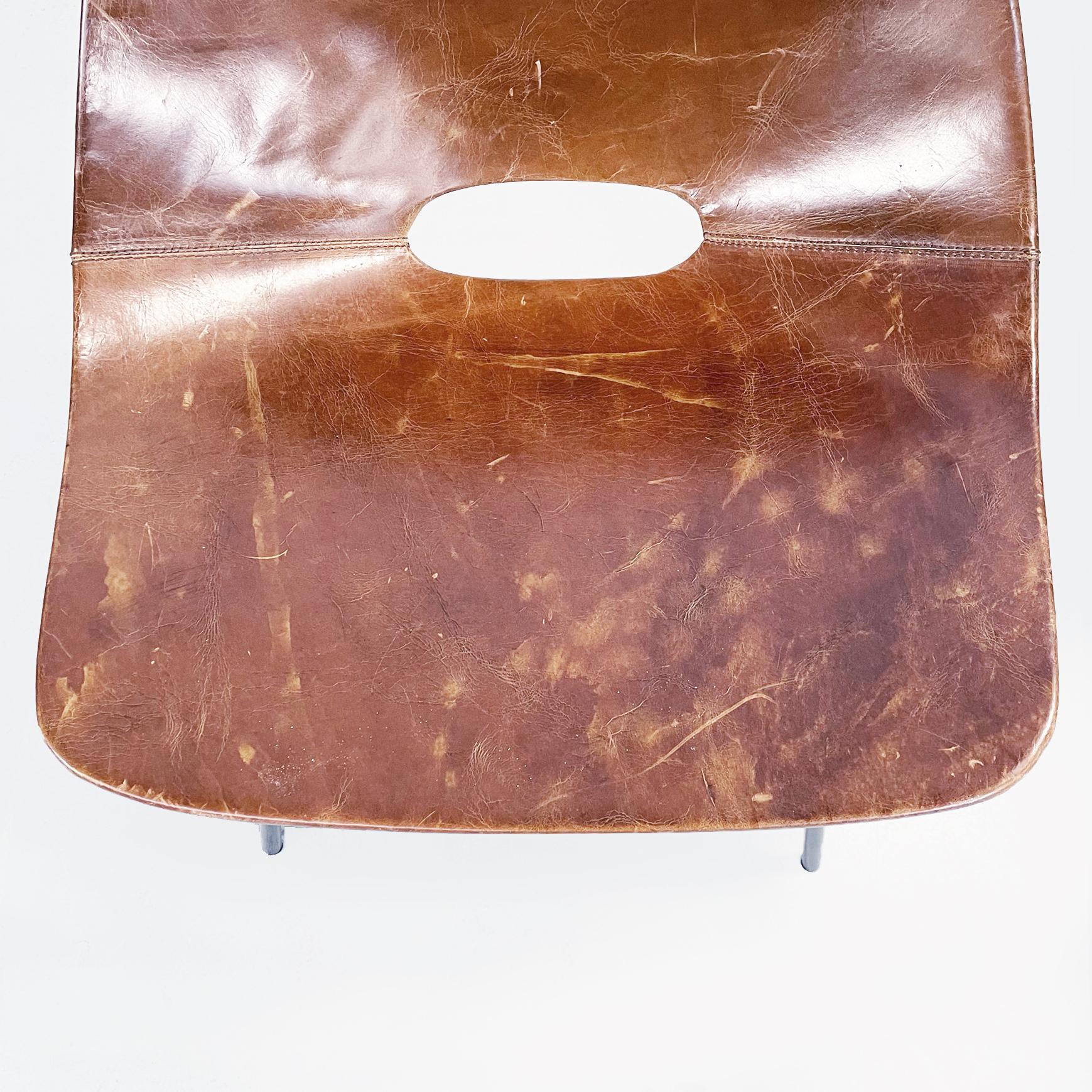 French Mid-Century Modern Brown Leather Metal Chair Tonneau by Guariche, 1950s 2