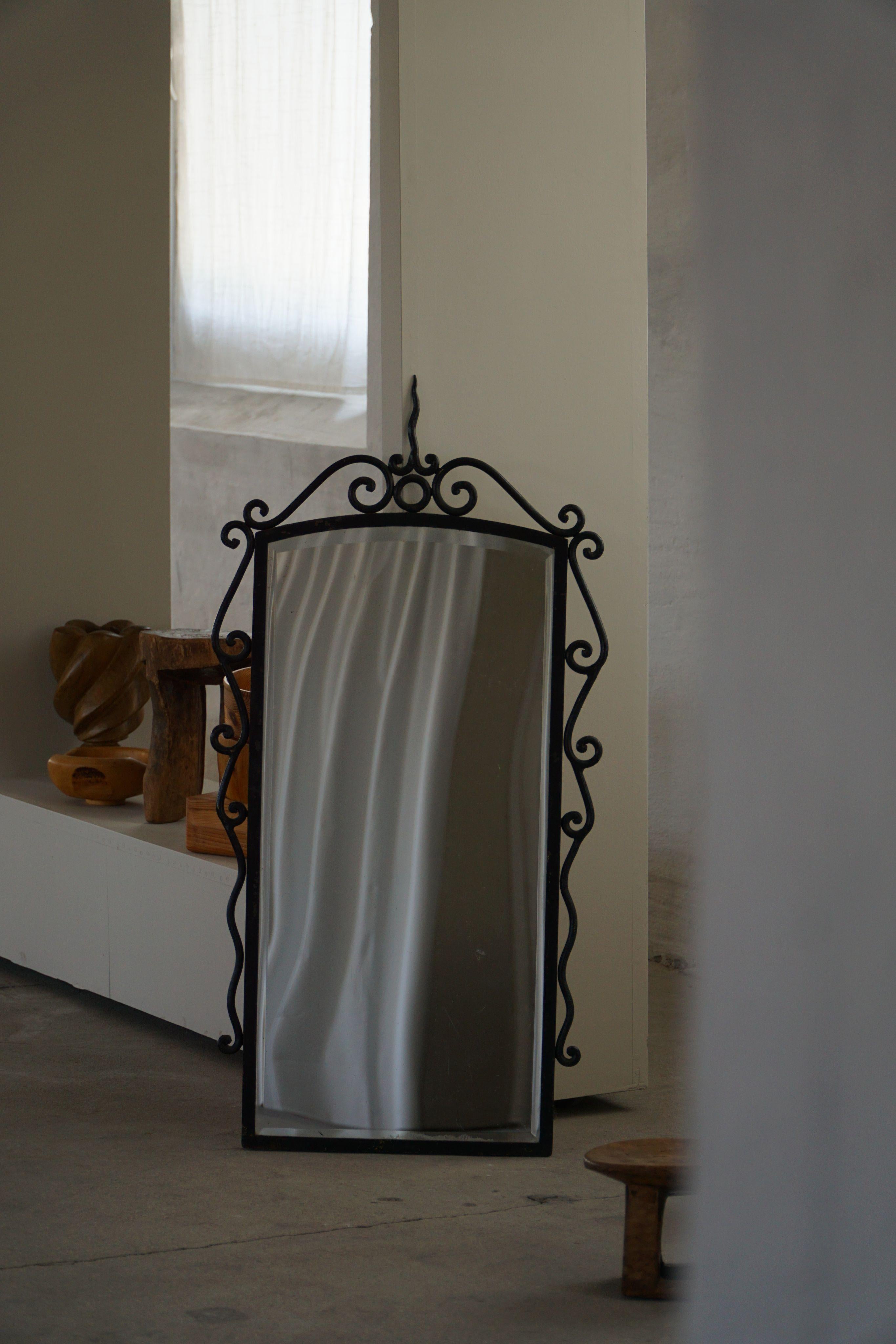 Romantic French Mid-Century Modern, Brutalist Wrought Iron Wall Mirror, Made in the 1950s For Sale