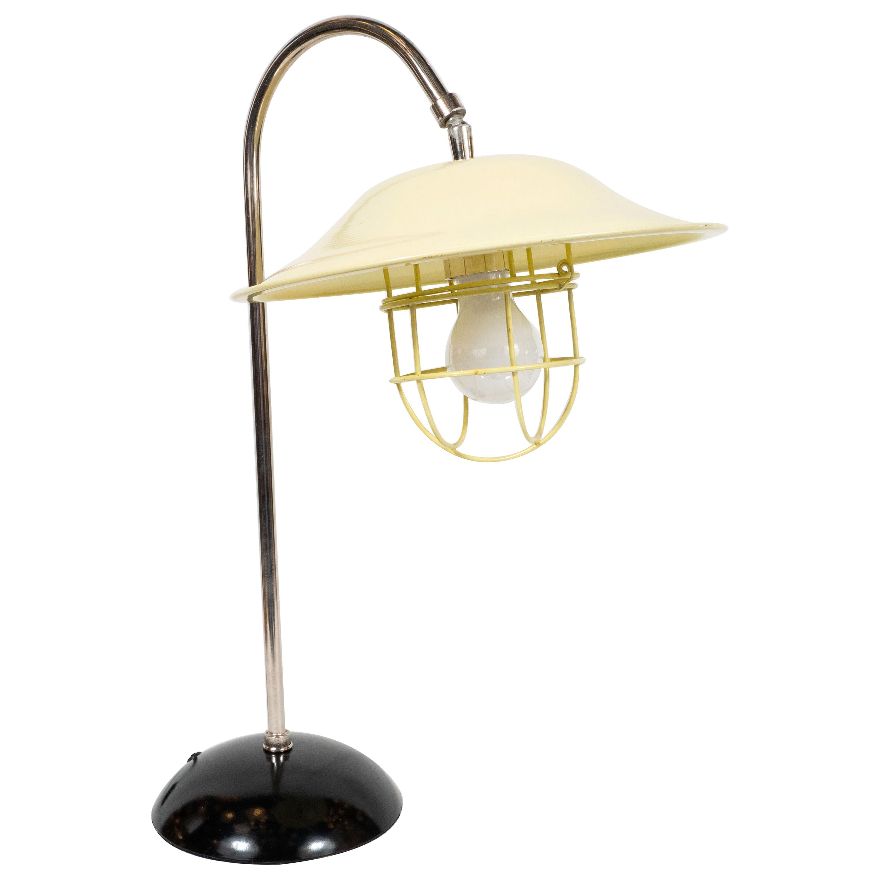 French Mid-Century Modern Chrome and Lemon Cream and Black Enamel Table Lamp For Sale