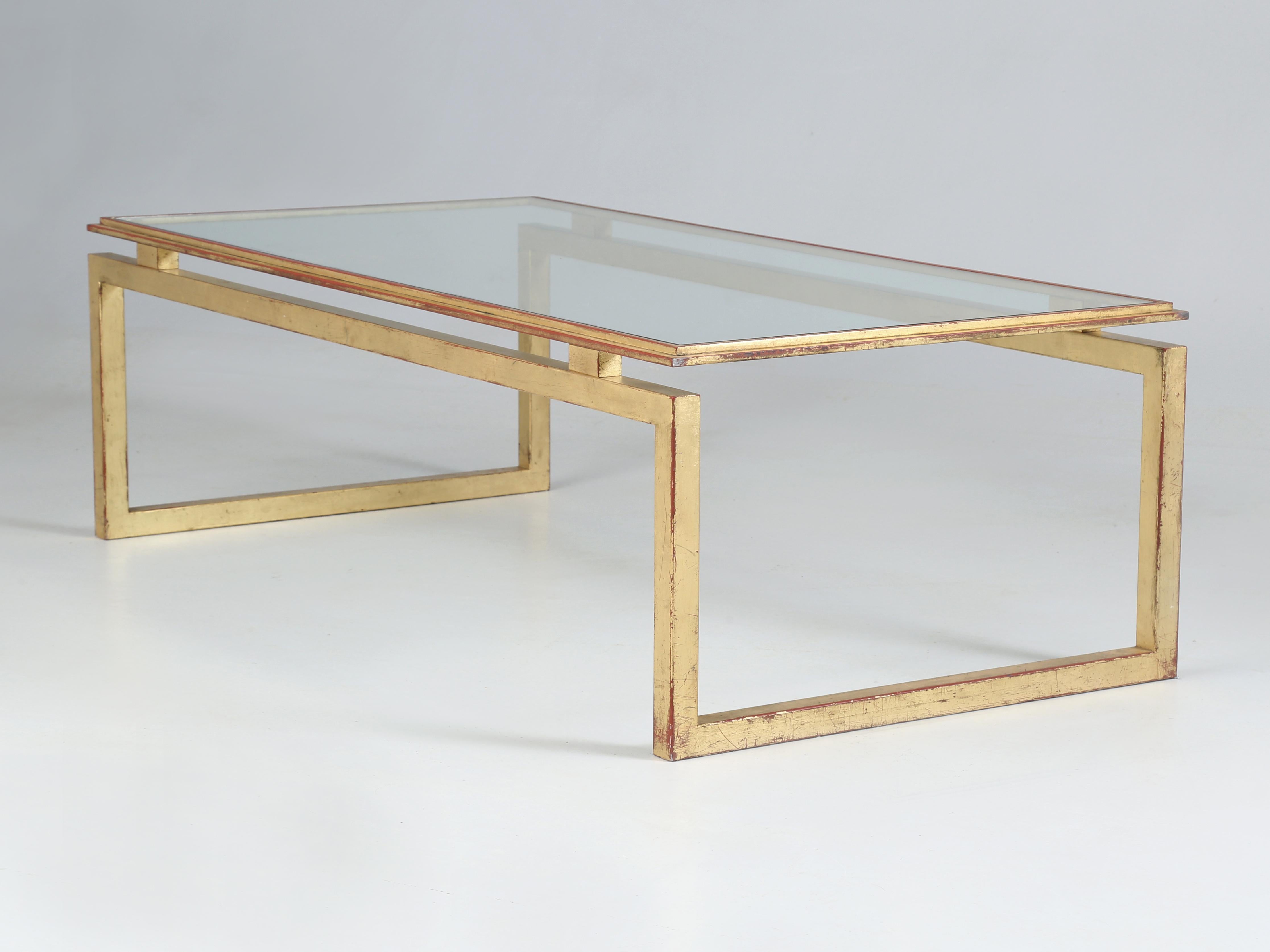 French Mid-Century Modern Coffee Table Gilt Iron Base, Glass Top c1960's-1970's 7