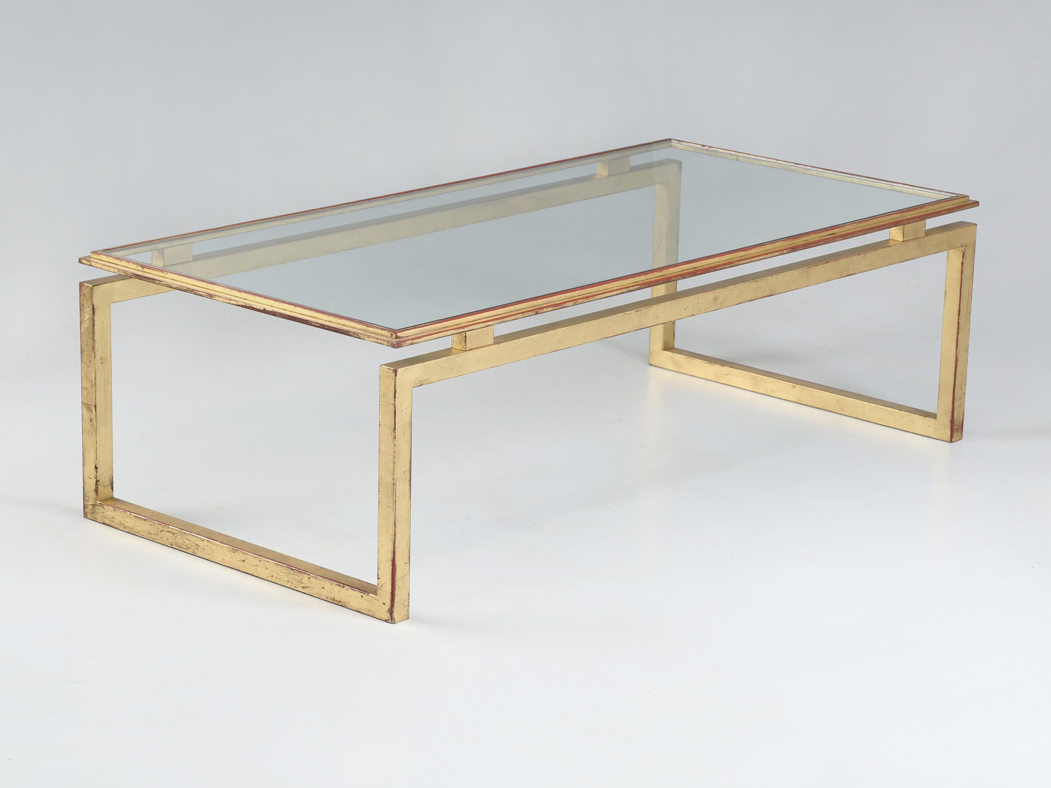 French Mid-Century Modern Coffee Table Gilt Iron Base, Glass Top c1960's-1970's 8