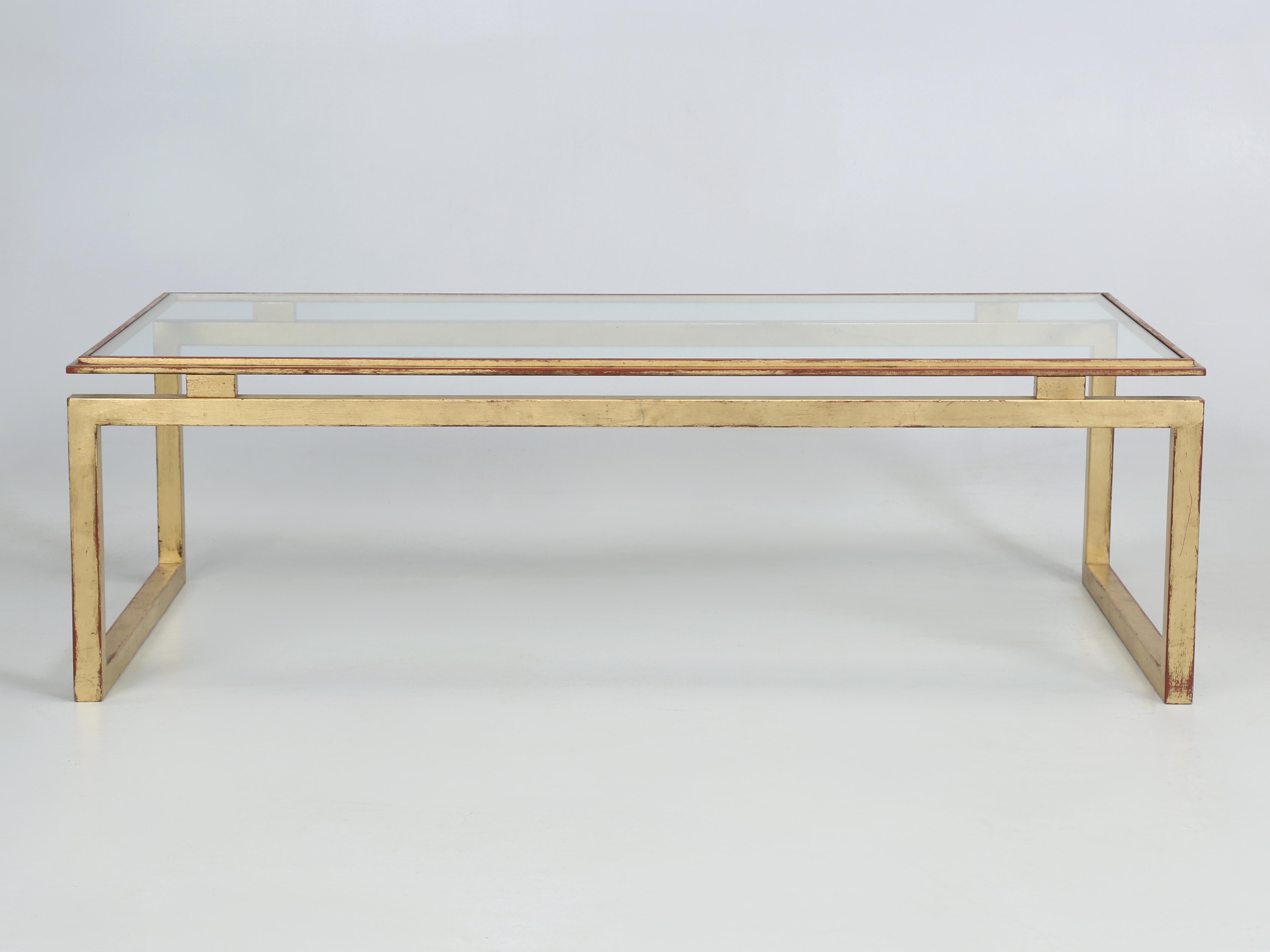 French Mid-Century Modern Coffee Table Gilt Iron Base, Glass Top c1960's-1970's 1