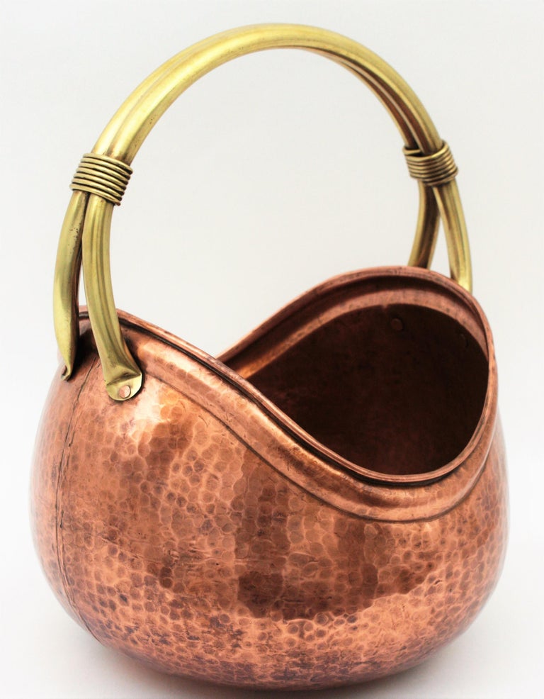 French MidCentury Modern Copper and Brass Basket Log Holder with Rope Detail For Sale at 1stdibs