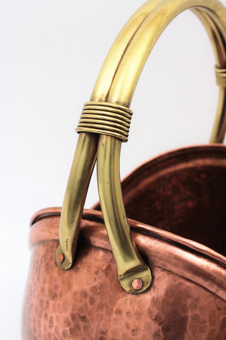 French MidCentury Modern Copper and Brass Basket Log Holder with Rope Detail For Sale at 1stdibs