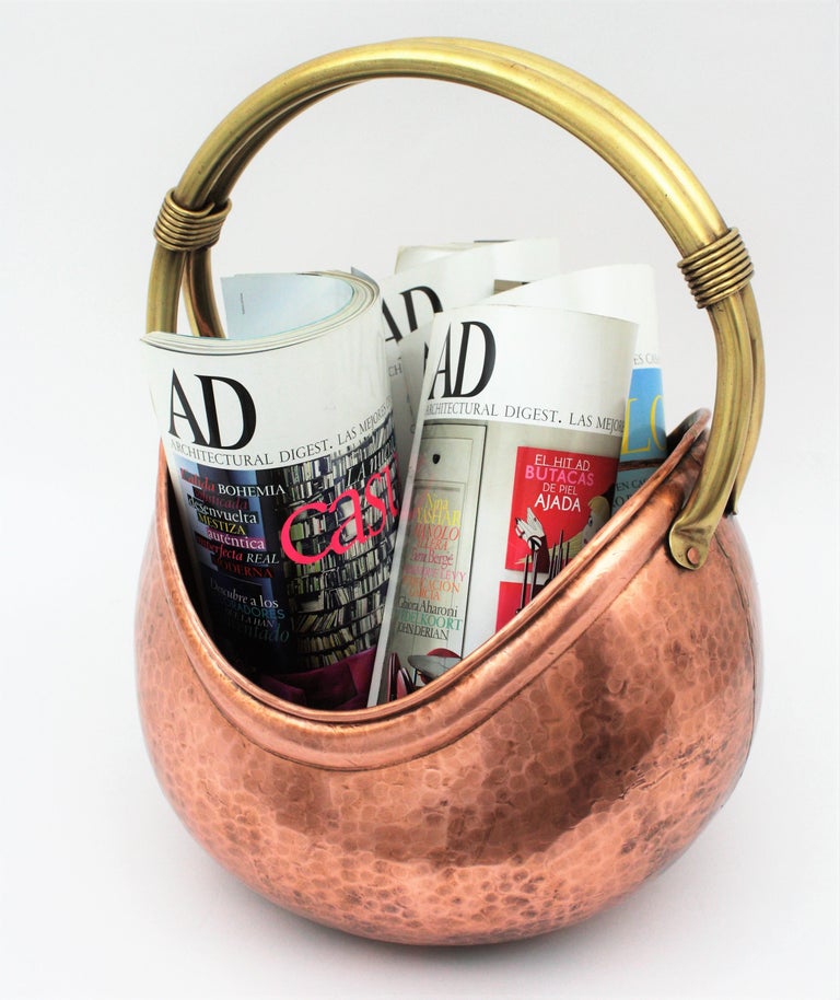 French MidCentury Modern Copper and Brass Basket Log Holder with Rope Detail For Sale at 1stdibs