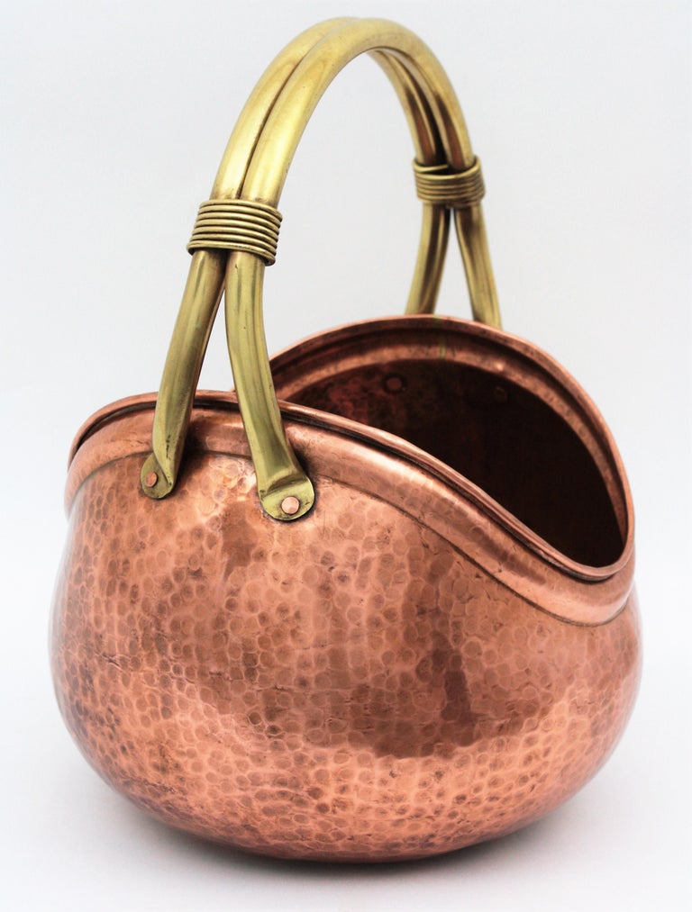 French MidCentury Modern Copper and Brass Basket Log Holder with Rope Detail For Sale at 1stdibs