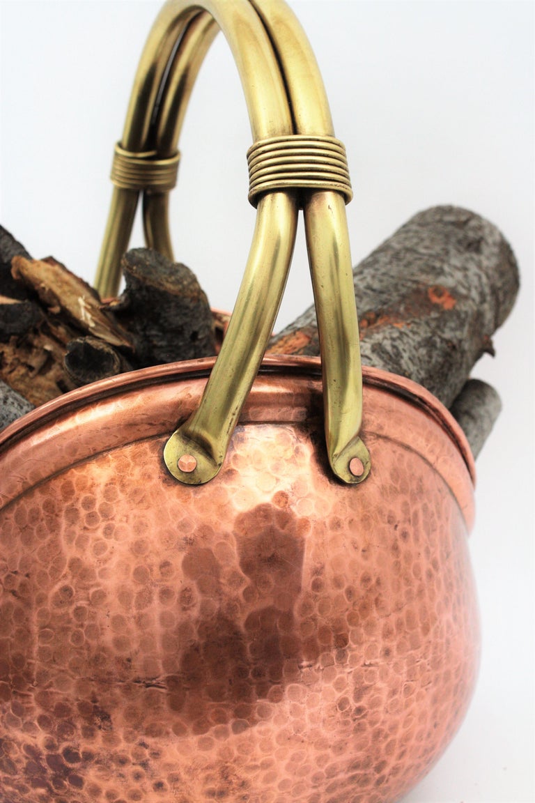 French MidCentury Modern Copper and Brass Basket Log Holder with Rope Detail For Sale at 1stdibs