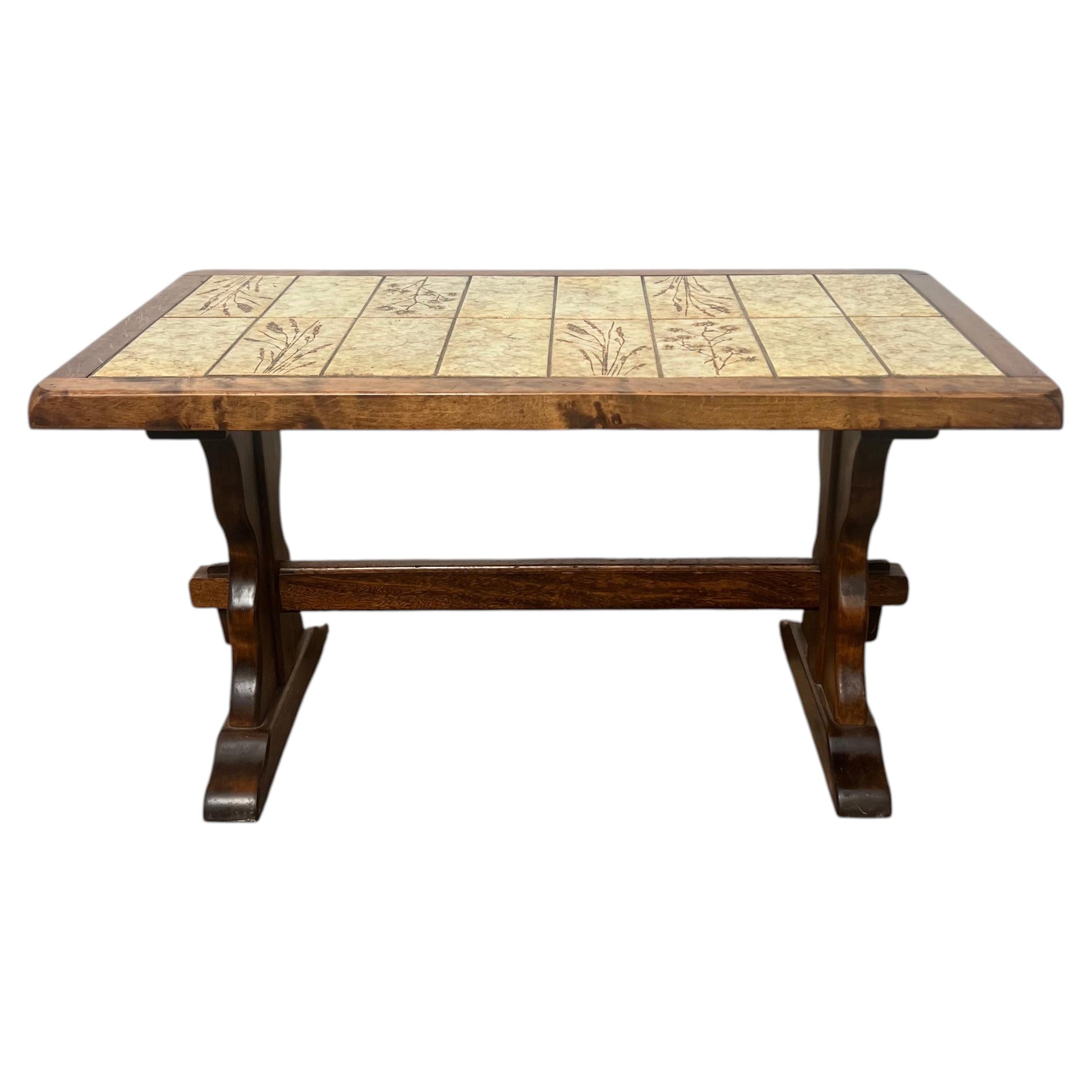 French Mid-Century Modern Country Style Walnut Ceramic Top Coffee Table For Sale