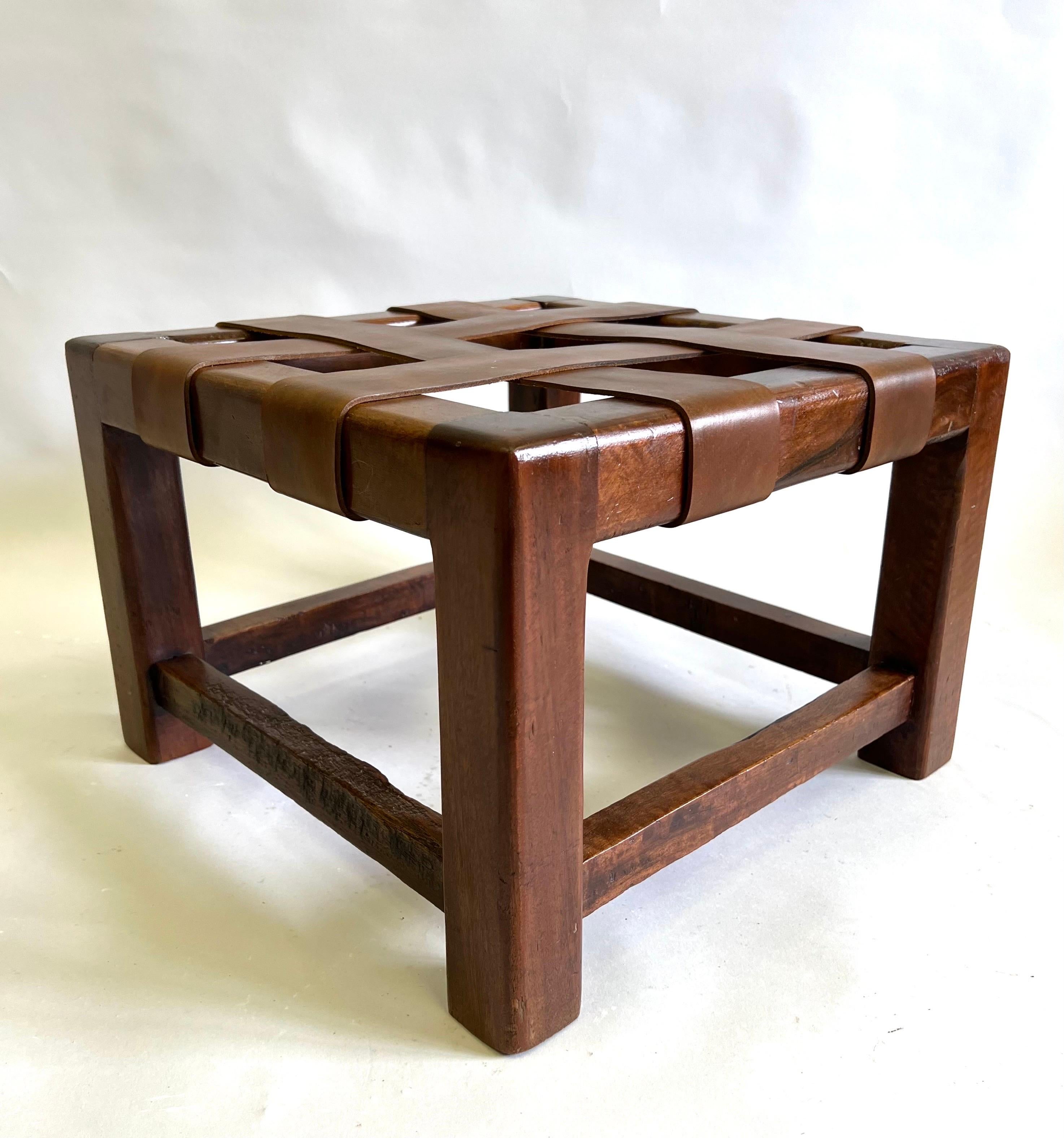 French Mid-Century Modern Craftsman Leather Strap Stool, style Jean Michel Frank In Good Condition For Sale In New York, NY