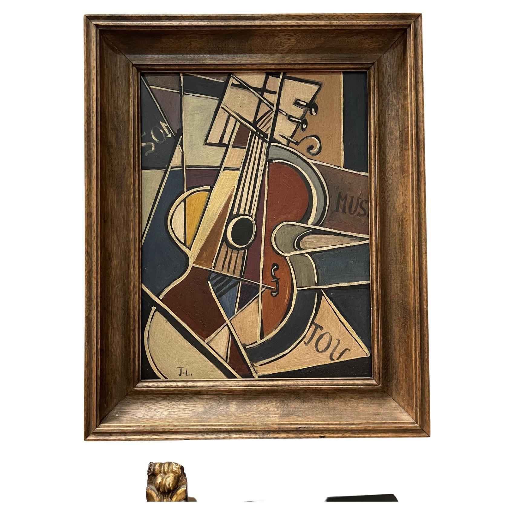 French Mid-Century Modern Cubist Oil Painting of Guitar For Sale