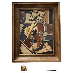 Vintage French Mid-Century Modern Cubist Oil Painting of Guitar