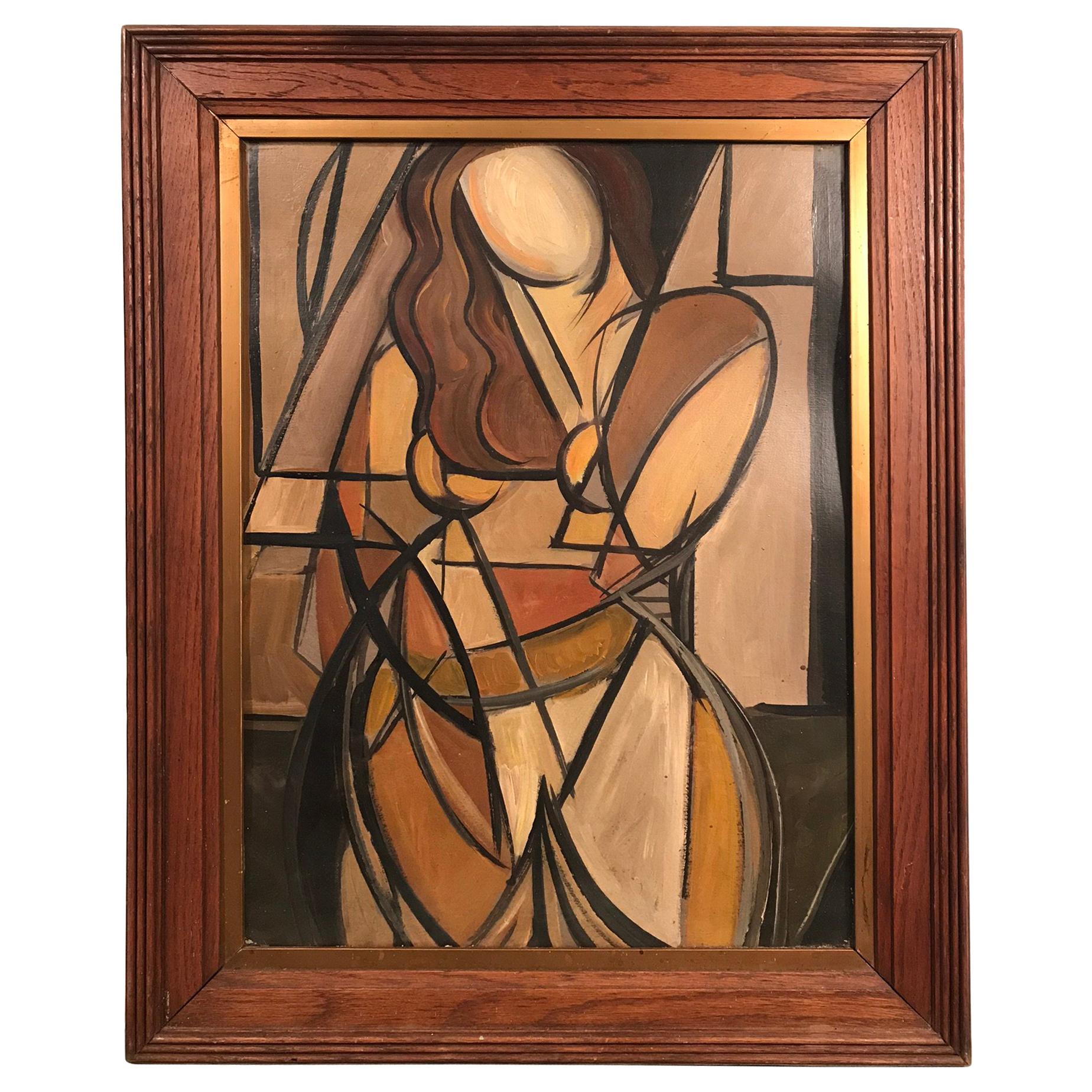 French Mid-Century Modern Cubist Portrait of Woman Painting For Sale