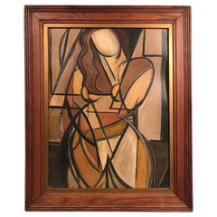 Vintage French Mid-Century Modern Cubist Portrait of Woman Painting