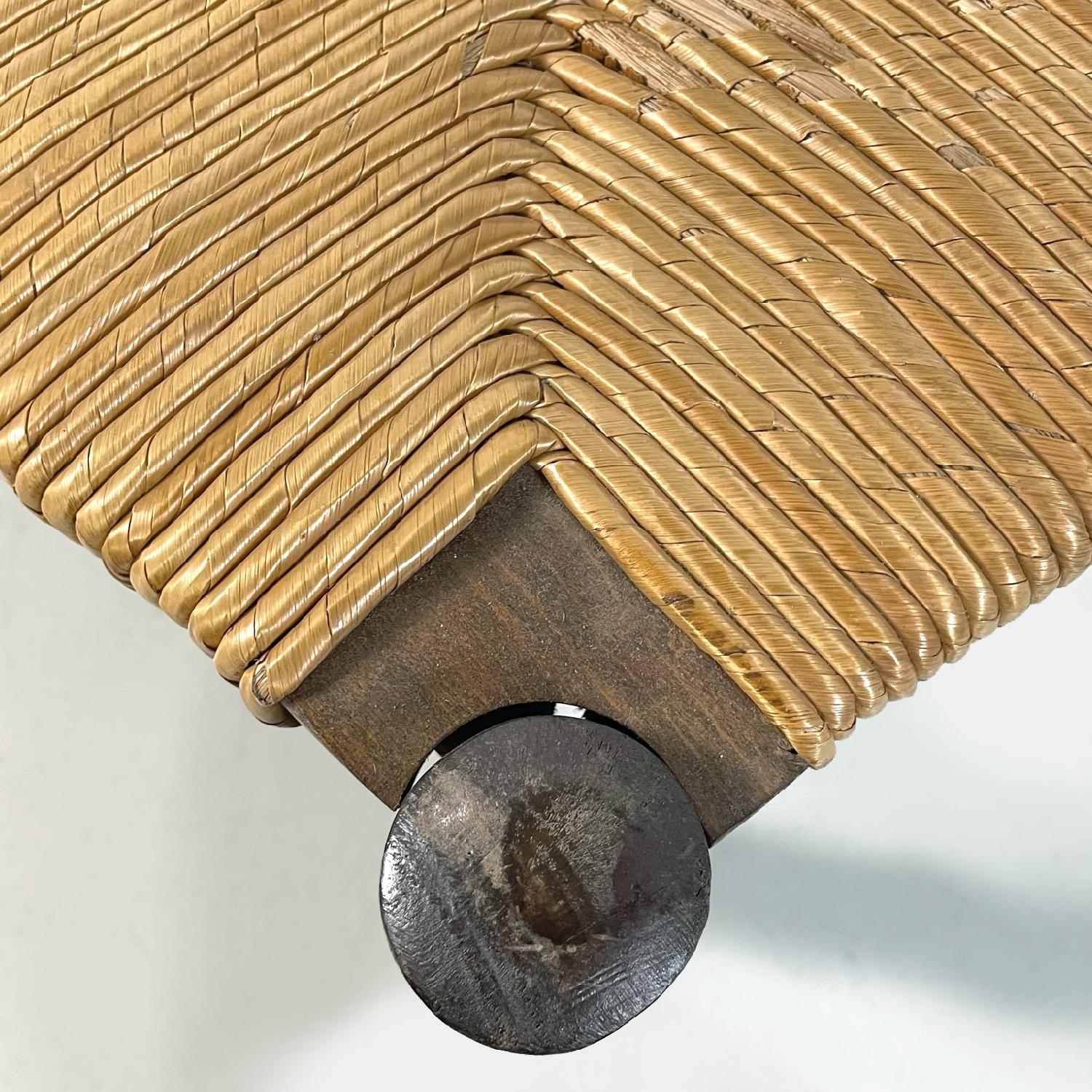Italian French mid-century modern dark wood and straw chairs by Georges Robert, 1950s in vendita