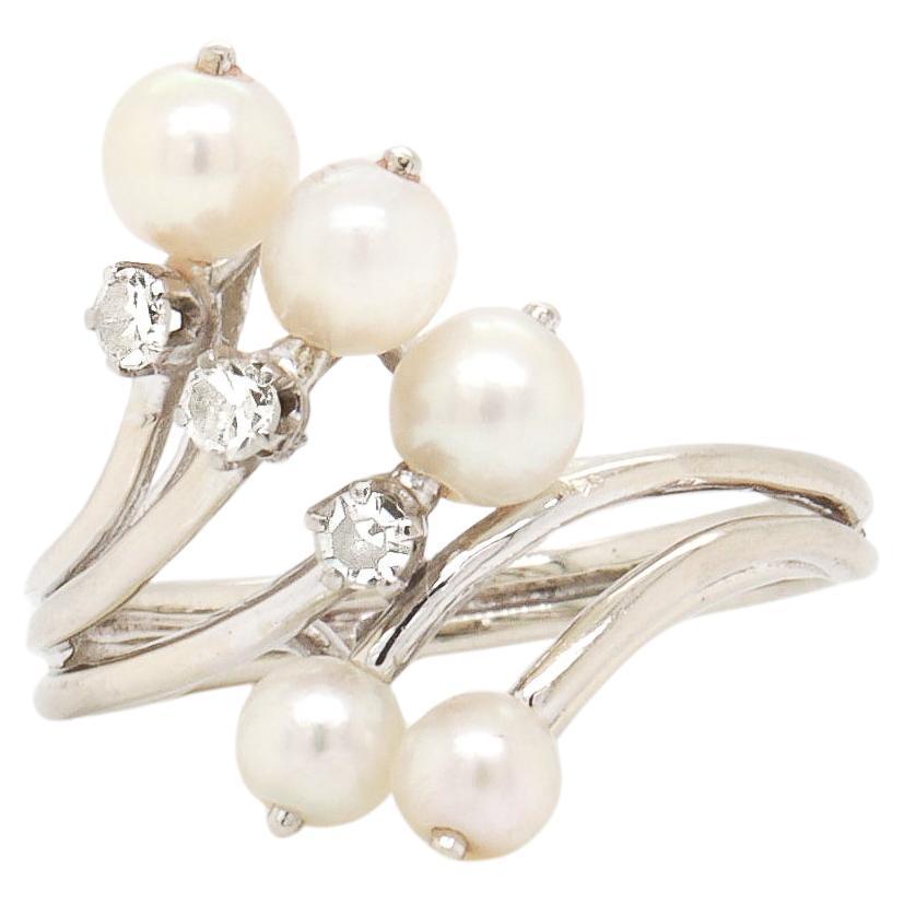 French Mid-Century Modern Diamond, Pearl, & 18k White Gold Cocktail Ring
