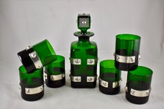 French Mid-Century Modern Emerald Green Glass and Pewter Decanter Bar Set