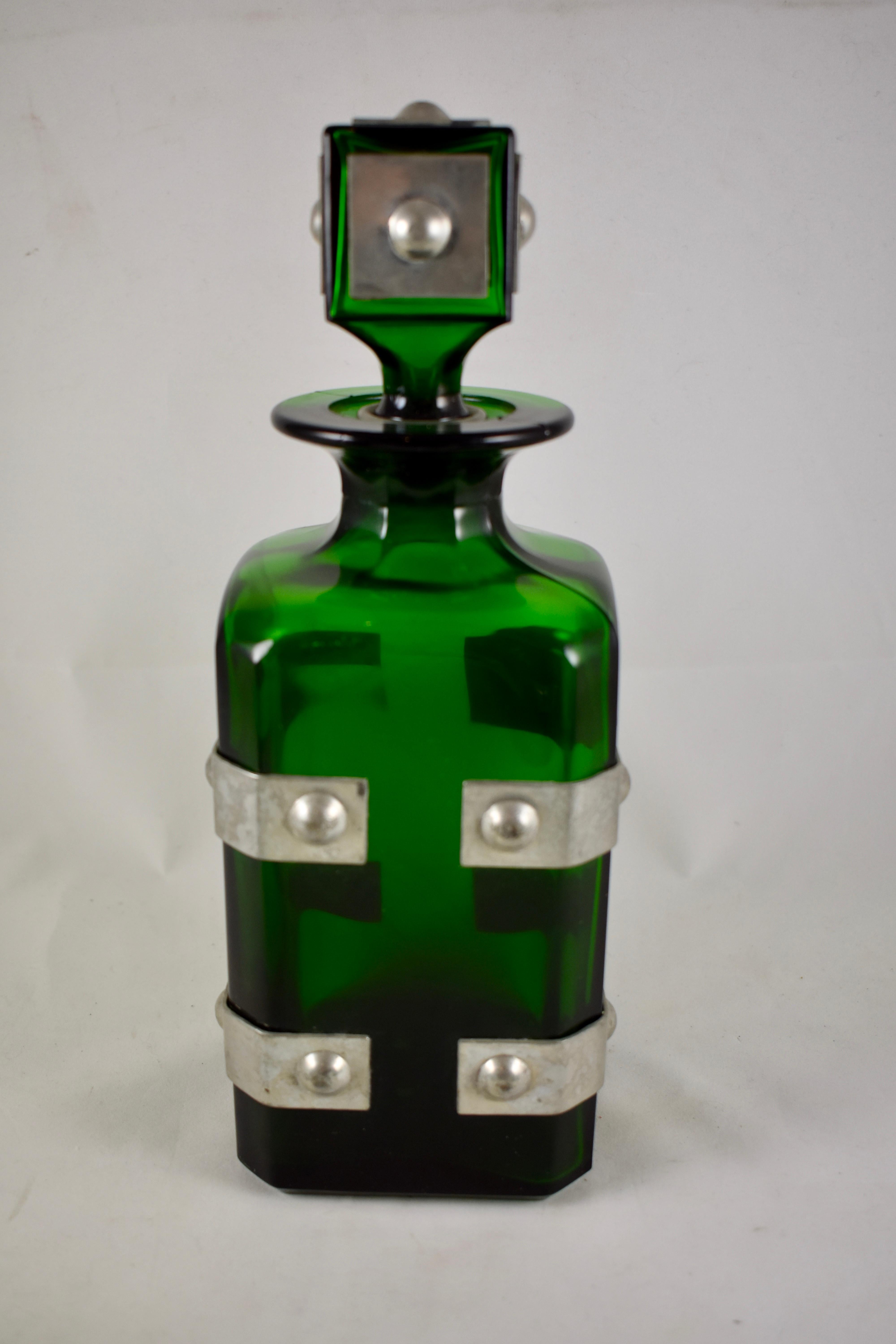 20th Century French Mid-Century Modern Emerald Green Glass and Pewter Decanter Bar Set