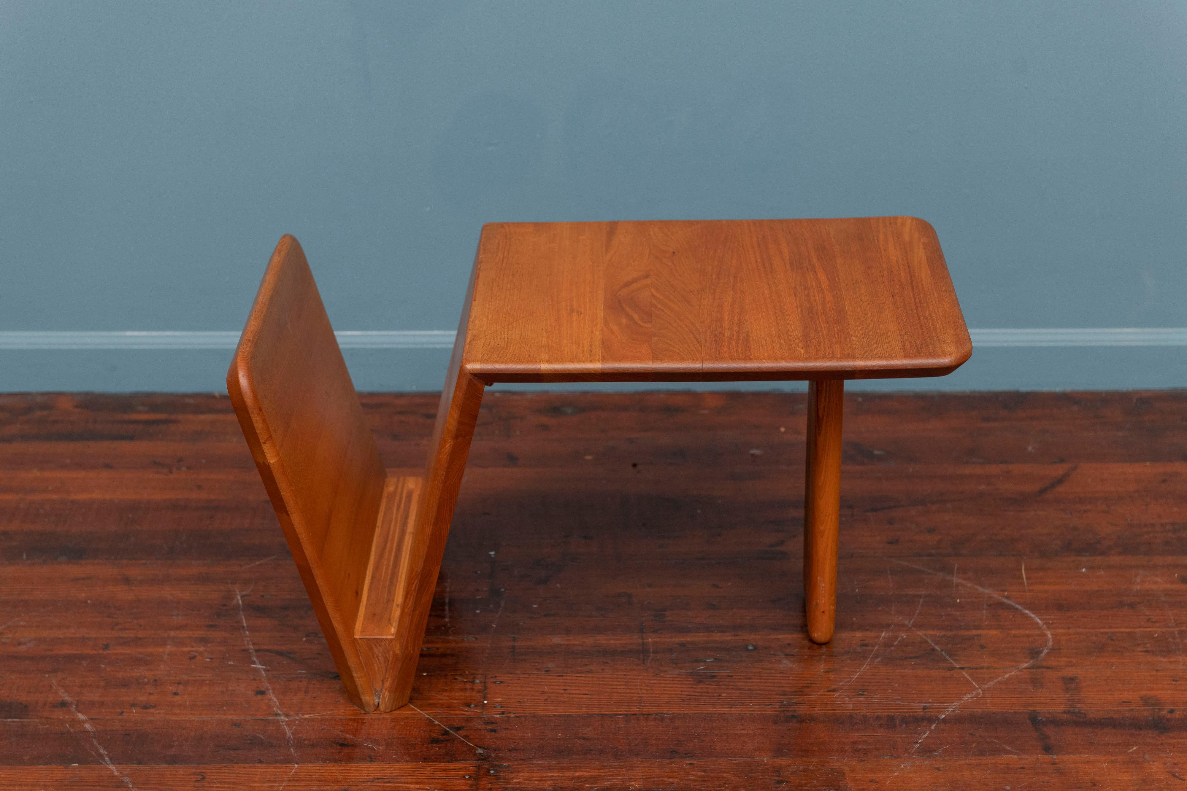 French Mid-Century Modern end table and magazine rack. Made from butcher block solid oak with rounded corners and angled edges, heavy solid. Made in France most likely in the 1970's it offering a simple organic shape and feel. In very good original