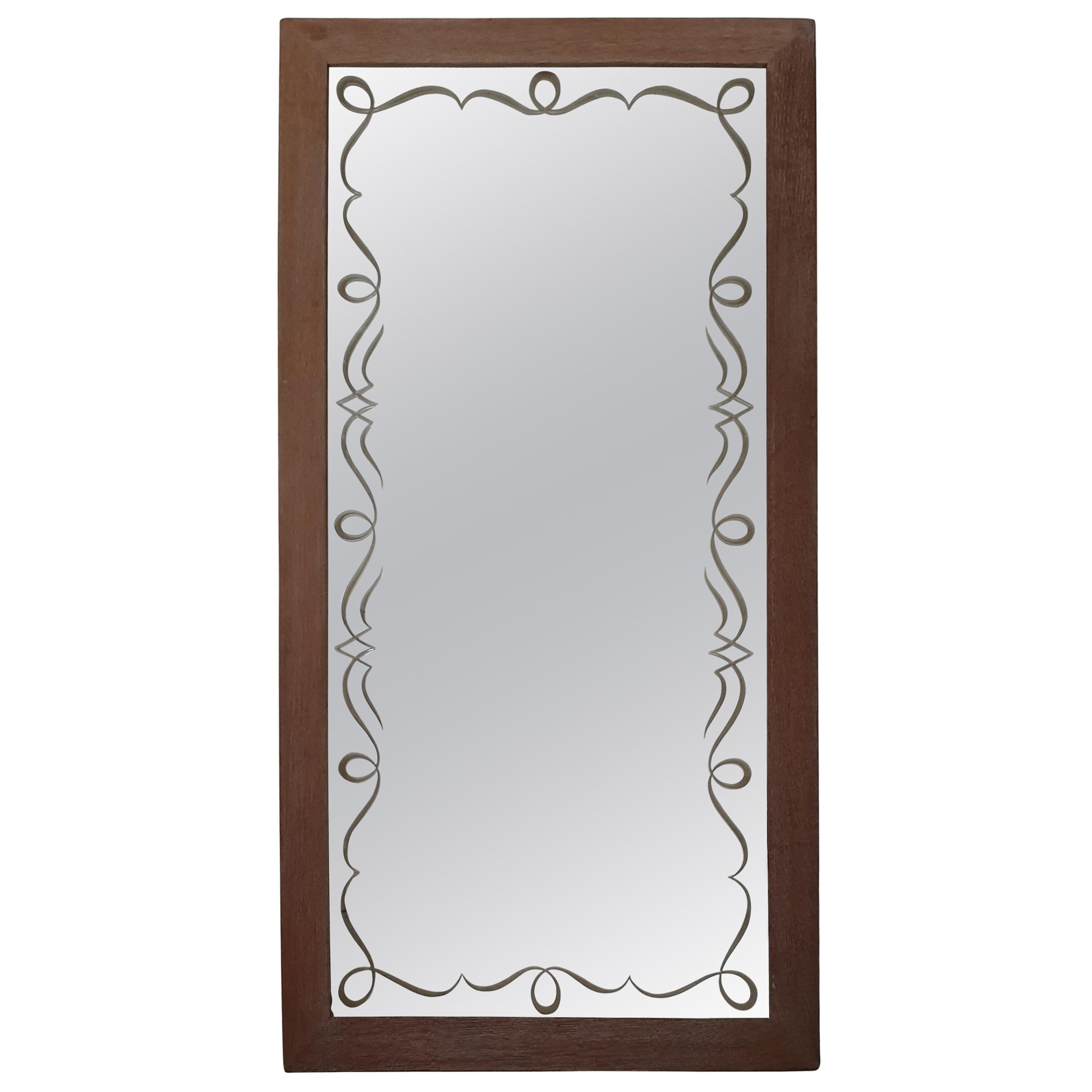 French Mid-Century Modern Etched Glass Mirror