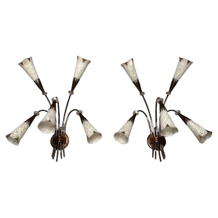 French Mid-Century Modern, Five Arm Sconces, Brass, Crystal, France, 1950s