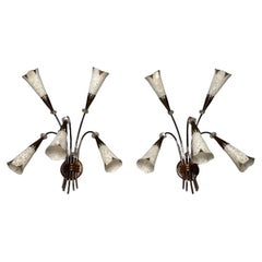 Vintage French Mid-Century Modern, Five Arm Sconces, Brass, Crystal, France, 1950s