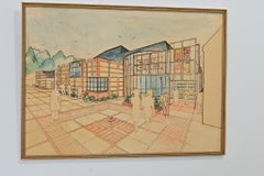 French Mid-Century Modern Framed Architectural Rendering