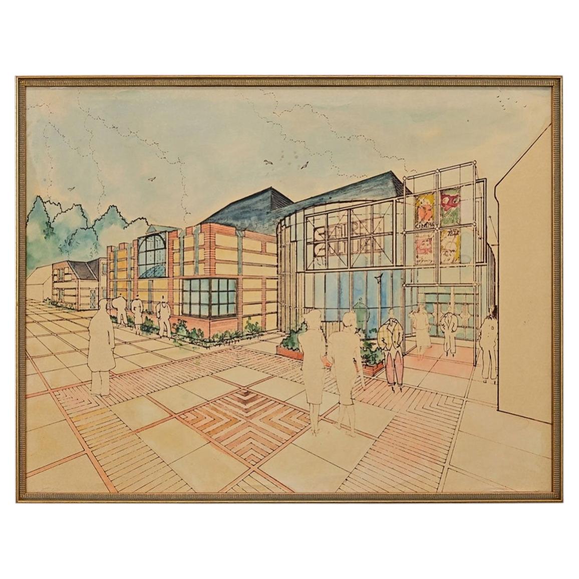 French Mid-Century Modern Framed Architectural Rendering
