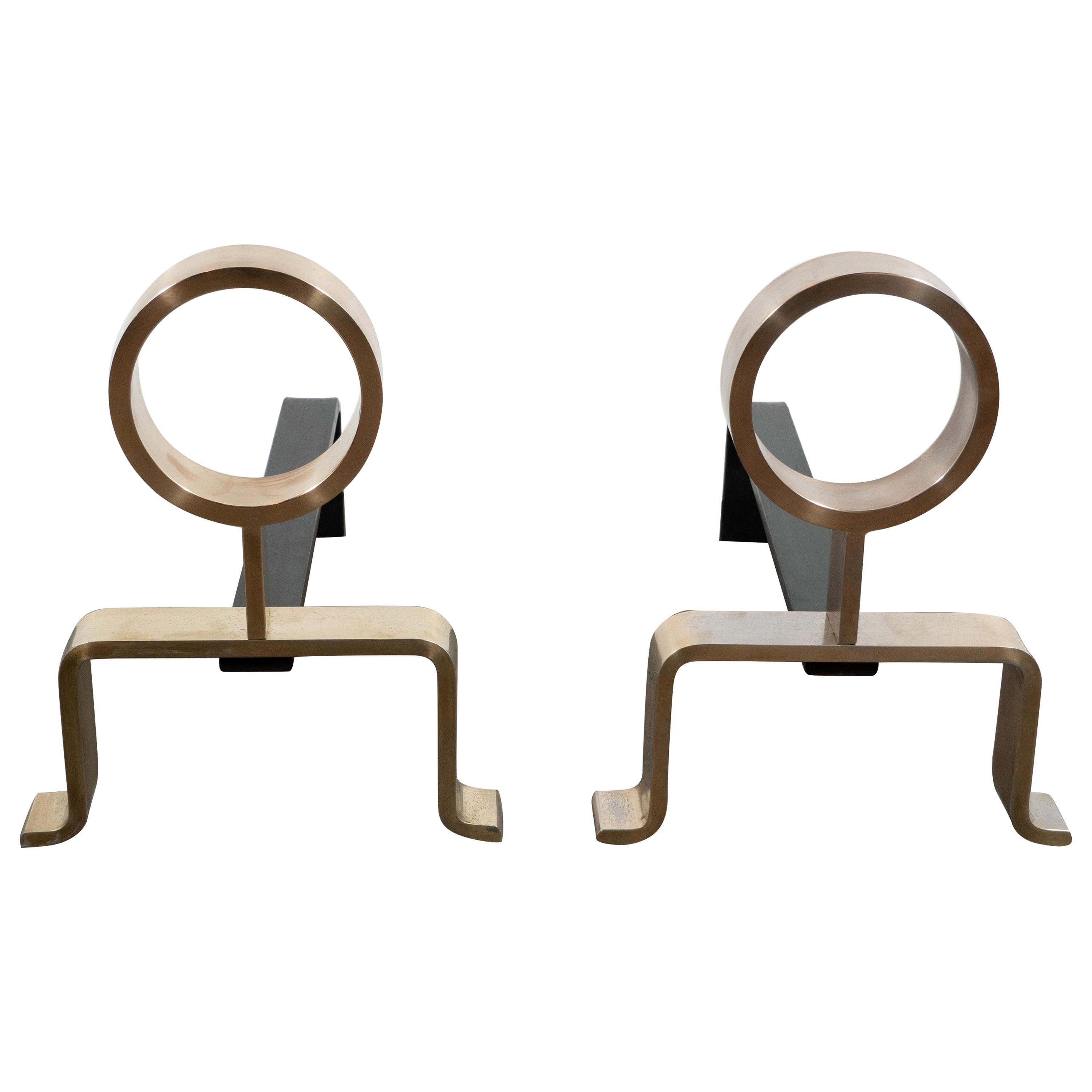 French Mid-Century Modern Geometric Brass Andirons, Manner of Jean Royère