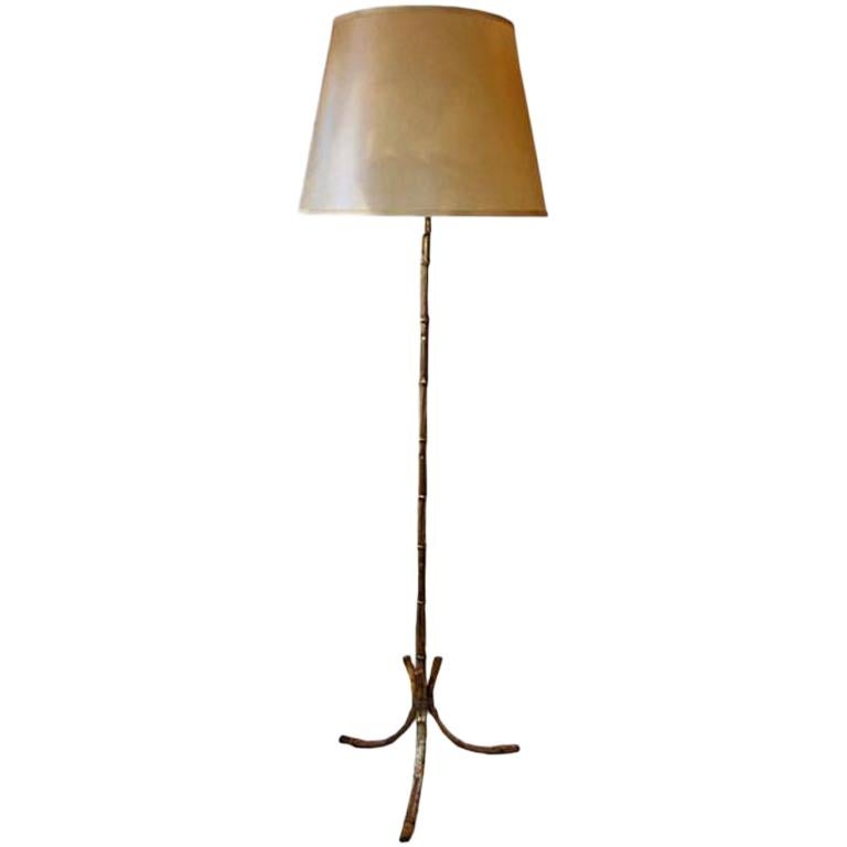 French Mid-Century Modern Gilt Iron Faux Bamboo Floor Lamp by Maison Baguès 1940 For Sale