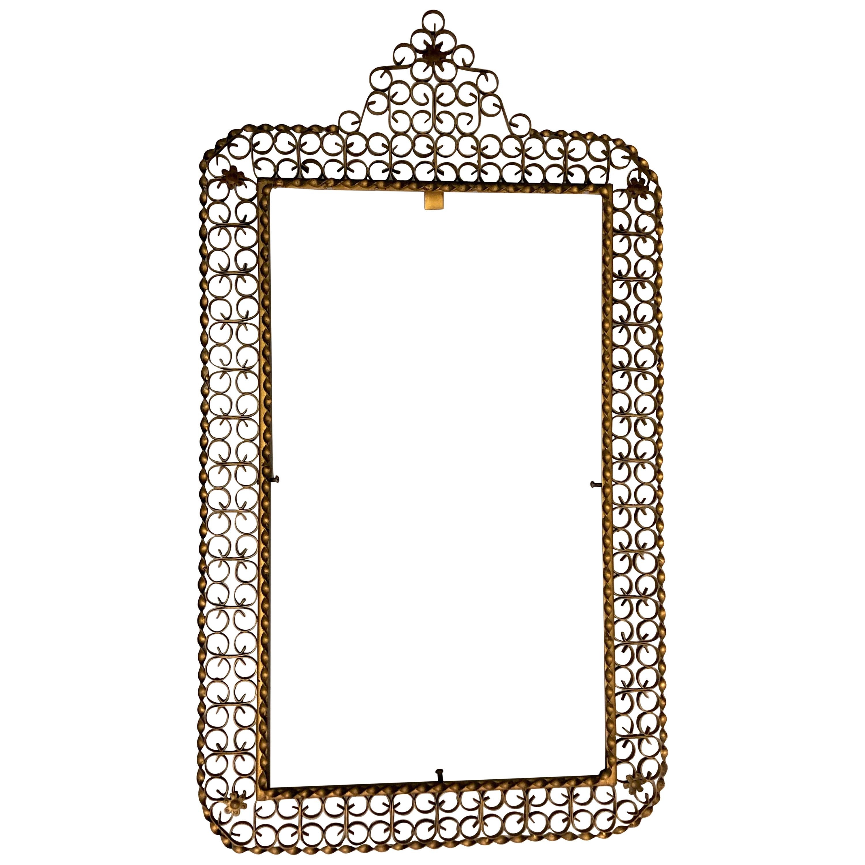 French Mid-Century Modern Gilt Wrought Iron Filagree Mirror by Maison Jansen