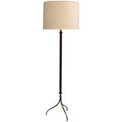 French Mid-Century Modern Hand Stitched Brown Leather Floor Lamp, Jacques Adnet